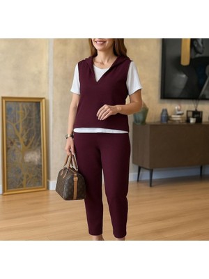 Cottonlab Kadın Kısa Kollu V Yakalı Kapşonlu Viskon Iki Iplik Bluz ve Pantolon Takım
