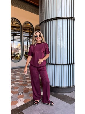 Cottonlab Kadın Kısa Kollu Bisiklet Yaka Omuzdan Düğmeli Viskon Iki Iplik Kısa Bluz ve Pantolon Ikili Takım