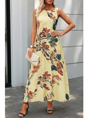 Cottonlab Kadın Askılı Yuvarlak Yaka Cepli Desenli Süprem Elbise