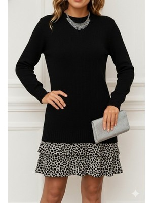 Cottonlab Kadın Uzun Kollu Üst Şardonlu Kaşkorse Alt Süprem Desenli Elbise