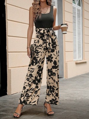 Cottonlab Kadın Askılı Yuvarlak Yaka Beli Kuşaklı Üst Viskon Alt Dalgıç Tulum