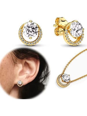 Hector Co Jewellery Işıltılı Yuvarlak Hale Gold Renk Tektaş Çivi Küpe