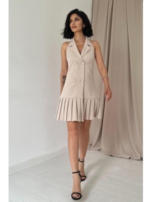 Cottonlab Bej Sırtı Açık Ceket Yakalı Elbise