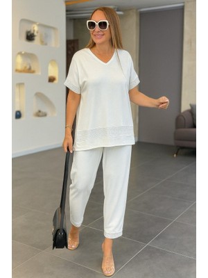 Cottonlab Kadın Kısa Kollu V Yakalı Pul Payetli Viskon Iki Iplik Bluz ve Pantolon Ikili Takım