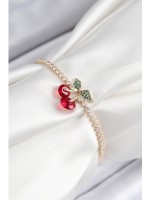 Hayat Store Pirinç Zirkon Taşlı Kiraz Model Gold Renk Asansörlü Kadın Bileklik - Lisinya