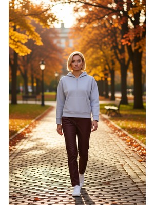 Benerly Kadın Kapüşonlu Düşük Kol Fermuarlı Geniş Kesim Örme Sweatshirt Fonksiyonel Dayanıklı Spor