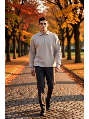 Benerly Erkek Gömlek Yaka Fermuarlı Uzun Kol Oversize Kalıp Sweatshirt Fonksiyonel Dayanıklı Rahat