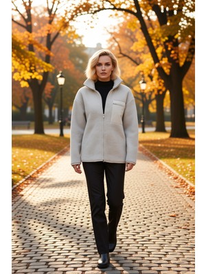 Benerly Kadın Dik Yaka Düşük Kol Tam Fermuarlı Peluş Sweatshirt Fonksiyonel Dayanıklı Kaliteli Şık