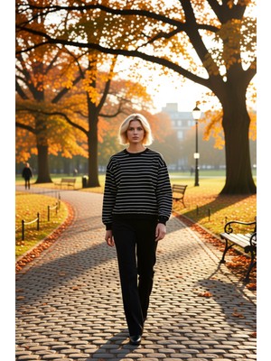 Benerly Kadın Bisiklet Yaka Düşük Kol Çizgili Regular Örme Sweatshirt Fonksiyonel Dayanıklı Modern