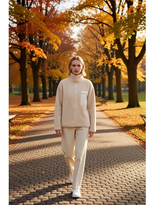 Benerly Kadın Dik Yaka Düşük Kol Tam Fermuarlı Peluş Sweatshirt Fonksiyonel Dayanıklı Kaliteli Şık