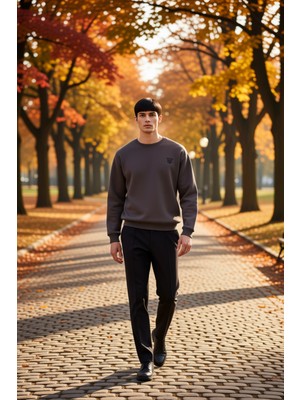 Benerly Erkek Bisiklet Yaka Düşük Kol Oversize Kalın Nakışlı Sweatshirt Fonksiyonel Dayanıklı Spor