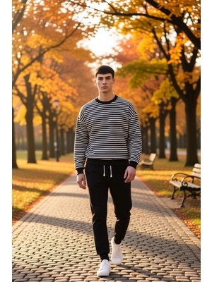 Benerly Erkek Bisiklet Yaka Standart Kol Çizgili Oversize Kalıp Fonksiyonel Dayanıklı Kaliteli Şık