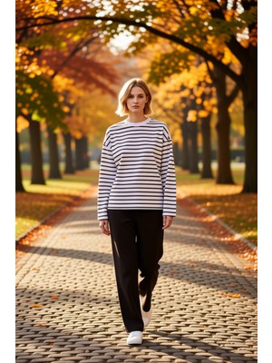 Benerly Kadın Bisiklet Yaka Düşük Kol Çizgili Örme Geniş Kesim Sweatshirt Fonksiyonel Dayanıklı Şık