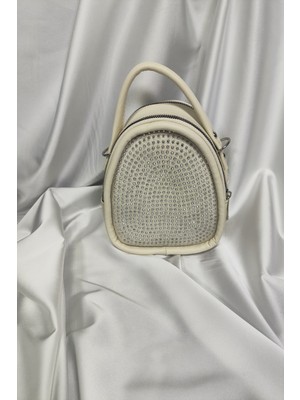 Leaf Accessory Taşlı Sunni Deri Kadın Çantası, Omuzda ve Elde Taşınabilir Fermuarlı Beyaz