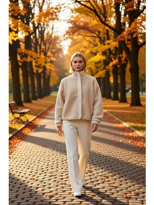 Benerly Kadın Dik Yaka Düşük Kol Fermuarlı Peluş Kalın Örme Sweatshirt Fonksiyonel Dayanıklı Rahat