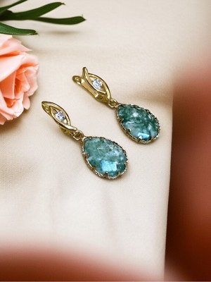 Fayra Accessories Kristal Taşlı Su Damlası Doğal Taşlı Altın Kaplama Küpe