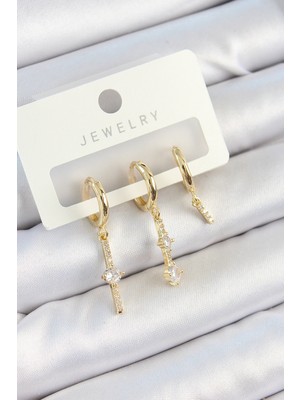 Hayat Store Pirinç Zirkon Taşlı Sallantılı Model Gold Renk 3'lü Çift Kadın Küpe Set - Lisinya