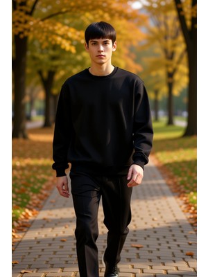 Benerly Erkek Bisiklet Yaka Düşük Kol Oversize Kalın Nakışlı Sweatshirt Fonksiyonel Dayanıklı Spor