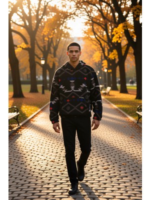 Benerly Erkek Kapüşonlu Düşük Uzun Kollu Örme Polar Dokuma Oversize Geniş Kesim Retro Desenli Sweatshirt