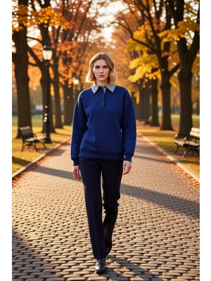 Benerly Kadın Polo Yaka Düşük Kol Düğme Detaylı Sweatshirt Fonksiyonel Dayanıklı Kaliteli Konforlu