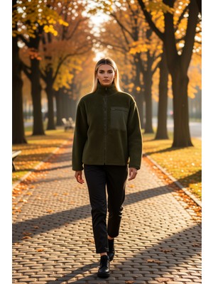 Benerly Kadın Dik Yaka Düşük Kol Tam Fermuarlı Peluş Sweatshirt Fonksiyonel Dayanıklı Kaliteli Şık