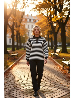 Benerly Kadın Polo Yaka Düşük Kol Çizgili Örme Sweatshirt Fonksiyonel Dayanıklı Kaliteli Konforlu Şık