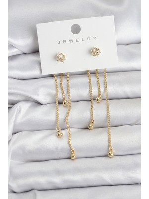 Hayat Store Topçuk Model Gold Renk Pirinç Sallantılı Kadın Küpe Seti - Lisinya