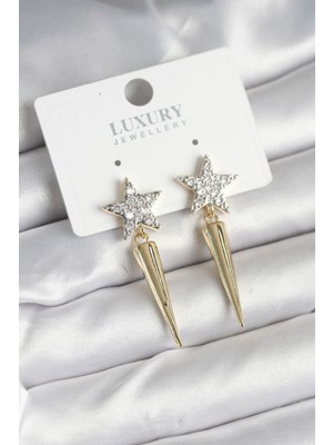 Hayat Store Pirinç Gold Renk Zirkon Taşlı Yıldız Model Çivi Kadın Küpe - Lisinya