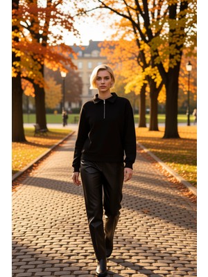 Benerly Kadın Polo Yaka Düşük Kol Fermuarlı Regular Kalıp Örme Sweatshirt Fonksiyonel Dayanıklı Şık