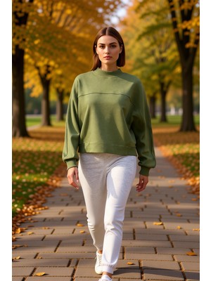 Benerly Kadın %100 Pamuk Geniş Kalıp Dik Yaka Düşük Kol Örme Sweatshirt Fonksiyonel Dayanıklı Spor