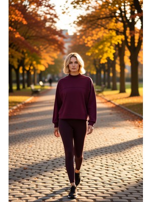 Benerly Kadın %100 Pamuk Geniş Kalıp Dik Yaka Düşük Kol Örme Sweatshirt Fonksiyonel Dayanıklı Spor