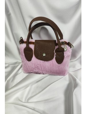 Leaf Accessory Peluş Çanta, Fermuaralı, Elde ve Omuz Askılı, Uçuk Pembe Kahverengi Askılı