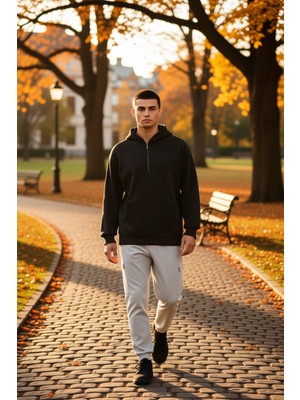 Benerly Erkek Kapüşonlu Fermuarlı Düşük Kol Uzun Kollu Kalıp Sweatshirt Fonksiyonel Dayanıklı Spor
