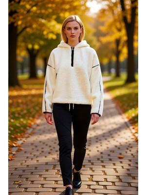 Benerly Kadın Kapüşonlu Düşük Kol Uzun Kol Peluş Sweatshirt Fonksiyonel Dayanıklı Kaliteli Estetik