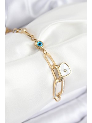 Hayat Store 316L Çelik Nazar Boncuğu ve Zirkon Taşlı Kalp Model Gold Renk Kadın Bileklik - Lisinya