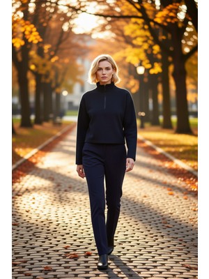 Benerly Kadın Fermuarlı Yaka Düşük Kol Selanik Örme Sweatshirt Fonksiyonel Dayanıklı Kaliteli Spor