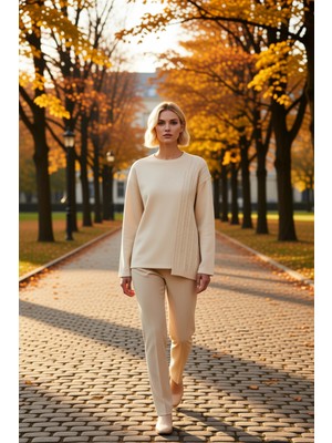 Benerly Kadın Bisiklet Yaka Düşük Kol Relaxed Triko Detaylı Sweatshirt Fonksiyonel Dayanıklı Rahat