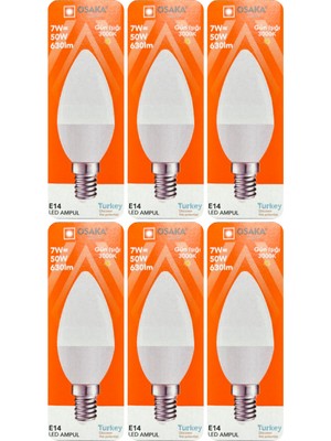 Avarson (6 Adet) Osaka 7W (50W) Sarı Işık (3000K) E14 Duylu (Ince Duy) LED Mum Ampul