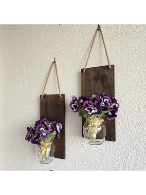 LED Işıklı, Mor Menekşe Çiçekli Duvar Dekoru Ceviz Ikili Set