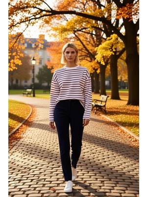 Benerly Kadın Bisiklet Yaka Düşük Kol Çizgili Örme Geniş Kesim Sweatshirt Fonksiyonel Dayanıklı Şık