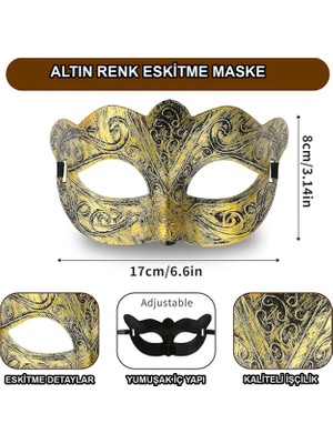 Eco Port Altın Renk Eskitme Maskeli Balo Maskesi – Venedik Tarzı Parti Maskesi