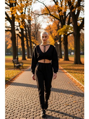 Benerly Kadın Kapüşonlu V Yaka Düşük Kol Uzun Kollu Crop Örme Sweatshirt Fonksiyonel Dayanıklı Şık