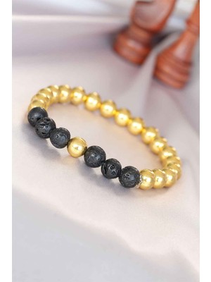 Hayat Store Lav Doğal Taş Detaylı Hematit Gold Renk Erkek Bileklik - Lisinya