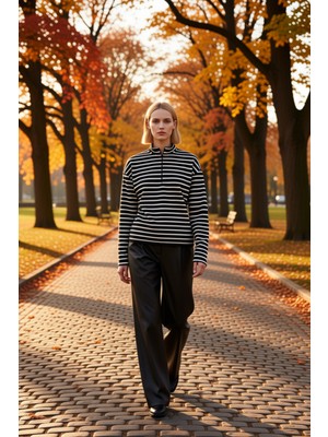 Benerly Kadın Dik Yaka Düşük Kol Çizgili Ince Örme Geniş Kalıp Sweatshirt Fonksiyonel Dayanıklı Şık