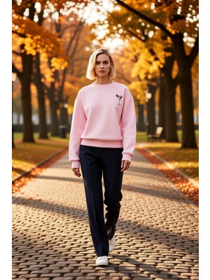 Benerly Kadın Bisiklet Yaka Düşük Kol Nakışlı Regular Kalıp Örme Sweatshirt Fonksiyonel Dayanıklı Şık