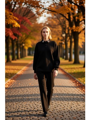 Benerly Kadın Polo Yaka Düşük Kol Örme Sweatshirt Taş Detaylı Fonksiyonel Dayanıklı Kaliteli Rahat