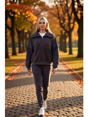 Benerly Kadın Dik Yaka Düşük Kol Fermuarlı Polar Sweatshirt Fonksiyonel Dayanıklı Kaliteli Estetik