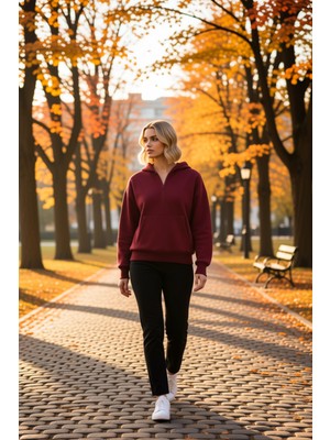 Benerly Kadın Kapüşonlu Düşük Kol Yarım Pat Fermuarlı Örme Sweatshirt Fonksiyonel Dayanıklı Modern