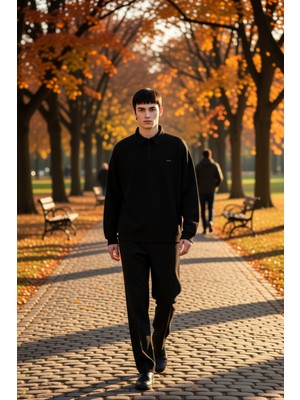 Benerly Erkek Polo Yaka Dokulu Oversize Sweatshirt Uzun Kol Fonksiyonel Dayanıklı Kaliteli Estetik