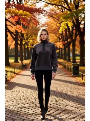 Benerly Kadın Dik Yaka Düşük Kol Fermuar Detaylı Polar Sweatshirt Fonksiyonel Dayanıklı Kaliteli Şık